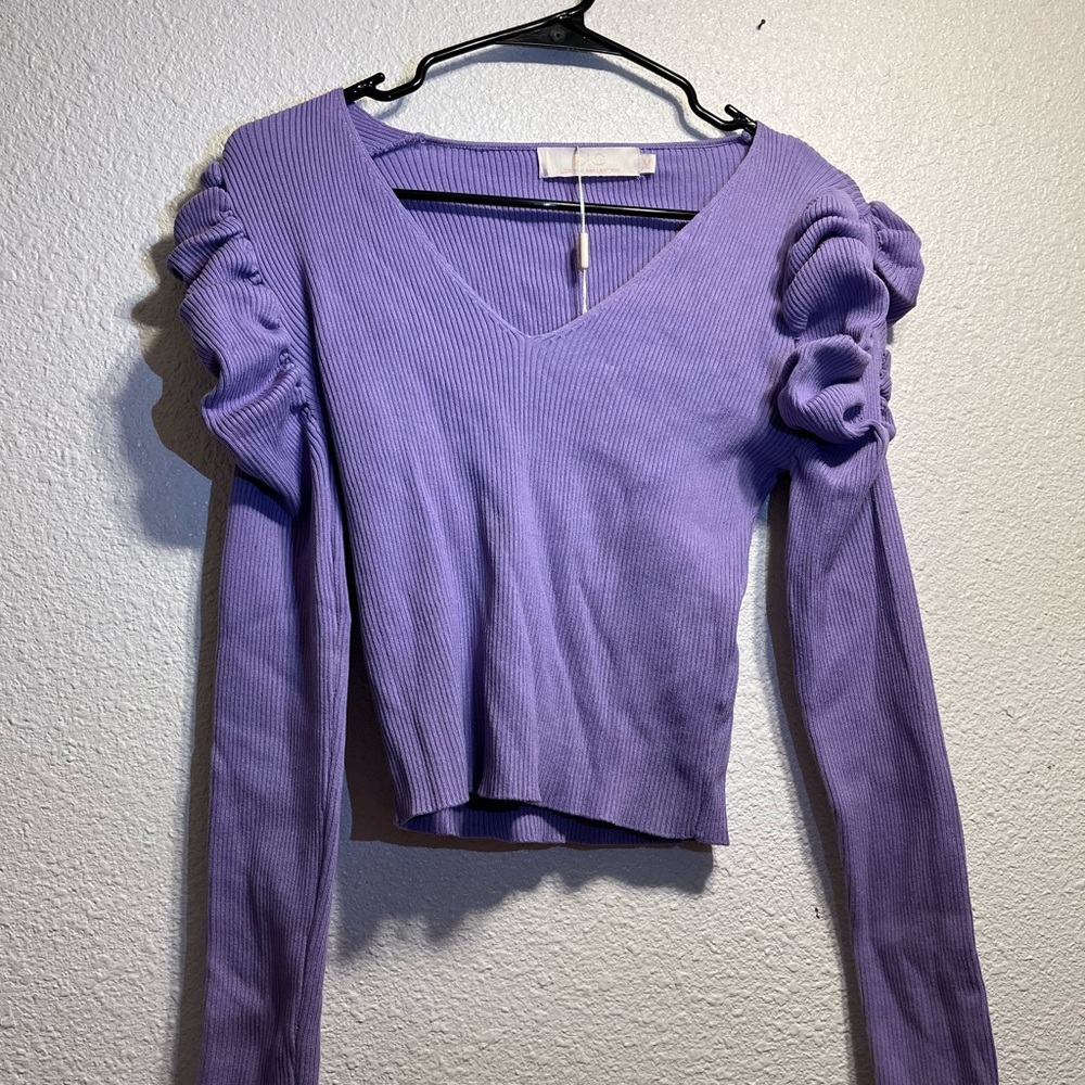 Purple V-Neck Ruched Sleeve Women's Top